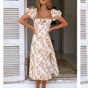 Fortunate One Meet Your Match Floral Midi Dress with Puff Sleeves